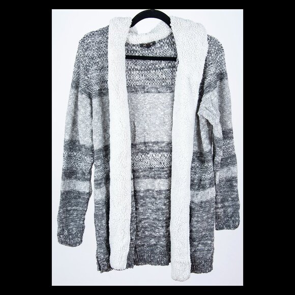 Lety & Me Womens Gray Stripe Sherpa Trim Hooded Open Cardigan Sweater XL EUC - Picture 1 of 2